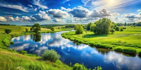 Idyllic summer landscape with lush green meadows, flowing river, and bright blue skies ,  summer, landscape, meadows