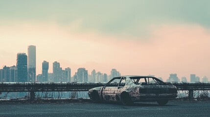 Fototapeta premium Stripped Car Against City Skyline with High Contrast Atmosphere