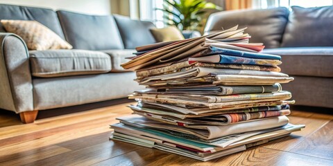 Obraz premium Pile of various magazines stacked up in a messy living room corner, magazines, home, clutter, reading, leisure