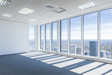 Fototapeta premium Empty modern office with panoramic city view. (1)