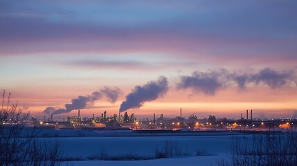 Fototapeta premium Industrial Refinery at Dusk with Illuminated Towers and Vapor Emissions