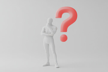 Figure in white standing with a large red question mark on a white background representing uncertainty and inquiry