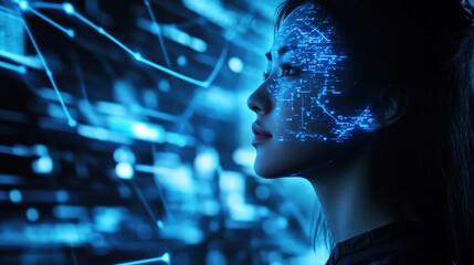 Woman's profile illuminated by digital data representation on a dark background portraying technology and innovation