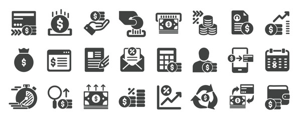 Credit glyph solid icons collection. Containing finance, fund, credit, loan, profit, investment. Minimal icon and symbol series vector illustration