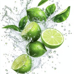 Limes splashing water, studio shot, refreshing drink ad