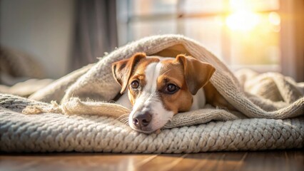Obraz premium Jack Russell dog napping on a cozy bed under a blanket on a sunny day , cute, small, pet, resting, cozy, canine, sunlight