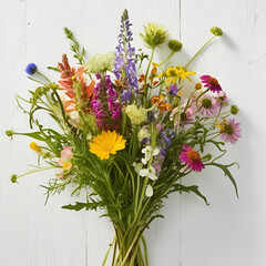 Fototapeta premium A vibrant bouquet of mixed wildflowers, featuring colorful blooms such as yellow, pink, purple, and white flowers, arranged beautifully with green stems and leaves against a neutral white background.