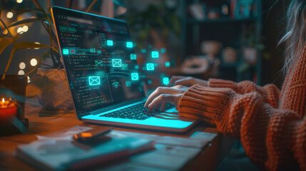 Working late at night on a laptop with floating email icons and warm ambient lighting
