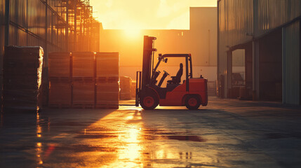 Forklift operates at sunset in an industrial warehouse setting with stacked pallets