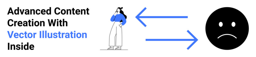 Fototapeta premium Woman in casual outfit contemplating with arrows pointing to a sad face icon. Ideal for problem-solving, decision-making, emotional analysis, communication, creativity, brainstorming, flat landing