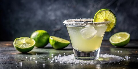 Classic margarita beverage in a clear glass with salt rim and lime garnish, margarita, drink, cocktail, alcohol, Mexican