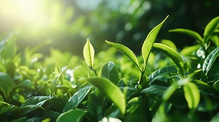 Obraz premium Realistic Green Tea Leaves in Motion: Capturing the Essence of Freshness and Vitality