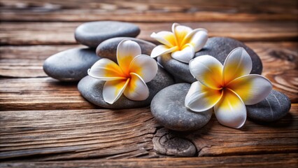 Fototapeta premium Close up of spa stones with frangipani flowers on a wooden surface, spa, stones, frangipani, flowers, close up