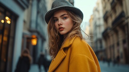 Fototapeta premium Fashionable young woman is walking on a city street