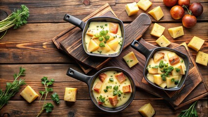 Delicious melted raclette cheese on diced potato in skillets, Swiss cuisine, traditional, raclette cheese, melted, potato