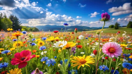 Obraz premium Colorful vibrant spring wildflowers in a beautiful meadow , spring, wildflowers, meadow, vibrant, colorful