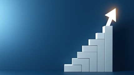 Success ladder steps to glowing upward arrow, dark blue background for motivation