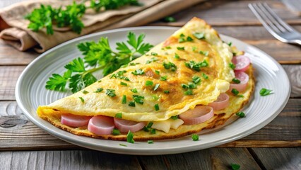 Delicious homemade ham and cheese omelette on a plate, food, breakfast, cooking, recipe, eggs, cheese, ham, omelette