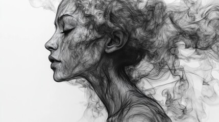 Fototapeta premium Woman's profile with smoke effect on white background. Mind, creativity concept