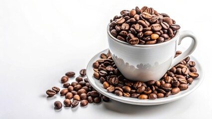 Fototapeta premium Coffee beans on a coffee cup with a white background, coffee, beans, cup, mug, drink, caffeine, aroma, roasted, hot
