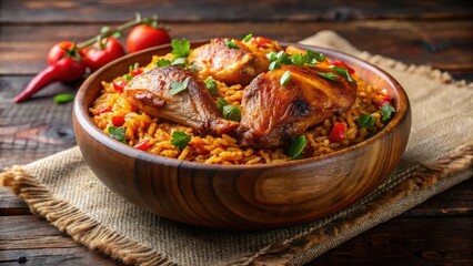 Fototapeta premium Delicious barbecue chicken jollof rice in a rustic bowl , African cuisine, grilling, food photography