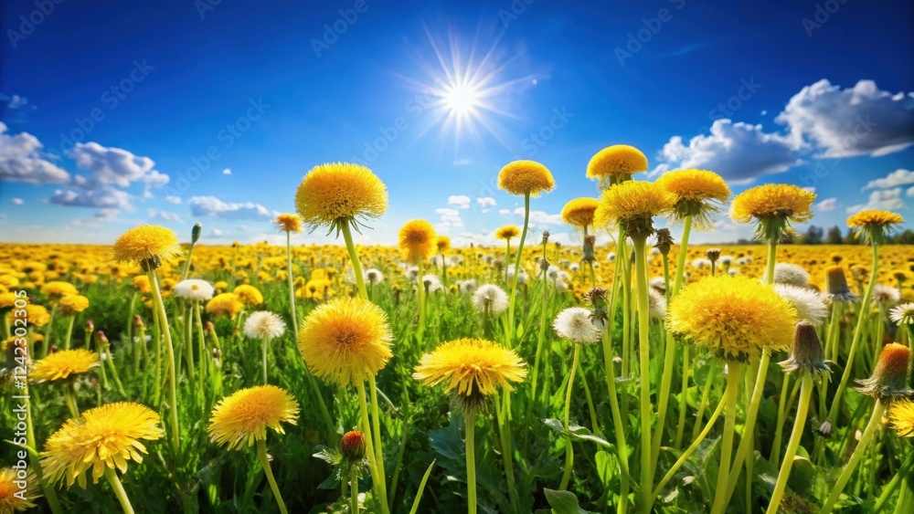 Poster Field of blooming dandelions under a clear blue sky, dandelions, field, flowers, meadow, blue sky, nature, beauty, spring