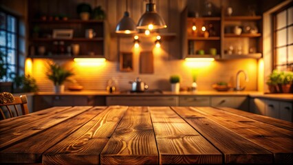 Low Light Photography: Empty Wooden Table with Blurred Kitchen Interior Background for Cozy Atmosphere