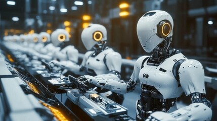 Fototapeta premium Futuristic robots working in an assembly line in a high-tech factory environment