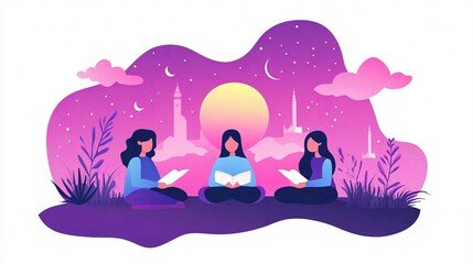 Beautiful Yoga Couple Silhouette Illustration in Pink Lotus Flower Design