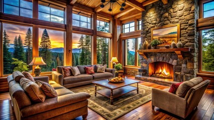 Fototapeta premium Luxurious Cabin Living Room with Grand Stone Fireplace and Plush Seating in a Cozy Retreat Setting