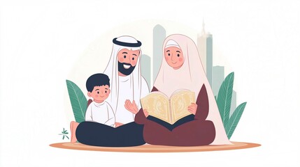 Cartoon Illustration of a Happy Family Reading Together at a Table in a School Setting