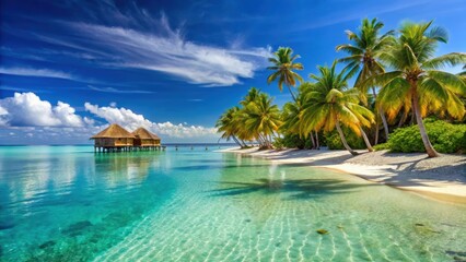 Fototapeta premium Tropical beach with white sand, crystal clear water, palm trees, and overwater bungalows, Maldives