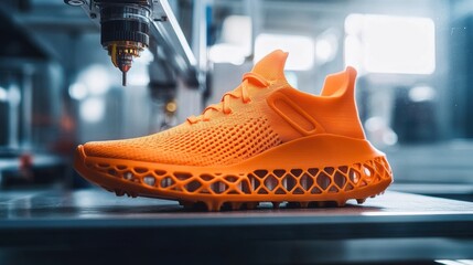 Innovative 3D printing technology creating a vibrant orange shoe prototype in a modern workshop