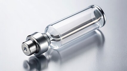 Close-up of a single ampoule with a shiny silver cap on a white background ,  pharmaceutical, medicine, healthcare