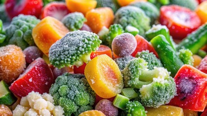 Closeup image of various frozen vegetables with ice crystals, showcasing vibrant colors and textures, frozen, vegetables