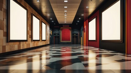 Stylish and Modern Movie Theater Lobby with Empty Frames and Elegant Flooring