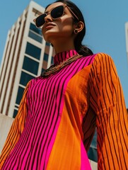 Fashion Portrait of a Woman in a Bright Pink and Orange Striped Dress with Sunglasses, Street Style Urban Photography