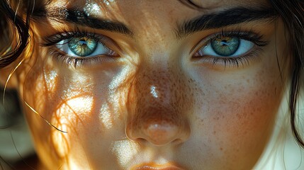Intense gaze of a young woman with freckles bathed in warm sunlight revealing unique eye color