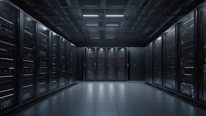 A dark server room filled with computer racks. Critical systems operate in a secure environment. Data centers are supported by advanced technical facilities. Digital infrastructure for cryptocurrency 