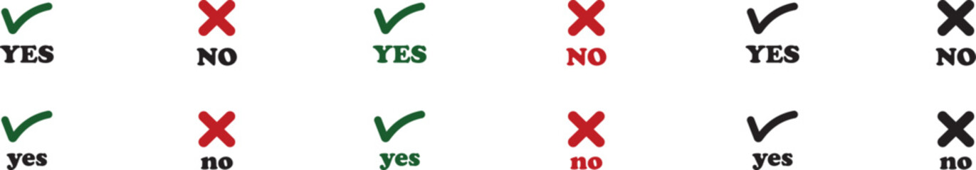Sharp green checkmark and red cross icon set on isolated transparent background black vector symbol for right and wrong choices. Modern flat and line design symbol tick sign collection. Yes or No.