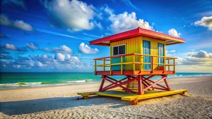 Fototapeta premium Lifeguard tower on Miami Beach shoreline with vibrant colors and clear blue sky, Miami, Beach, Lifeguard, Tower, Shoreline, Vibrant