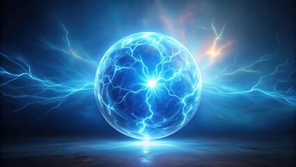 Naklejka premium An ethereal blue glowing ball of lightning hovering in mid-air , energy, electricity, atmospheric phenomenon, mysterious