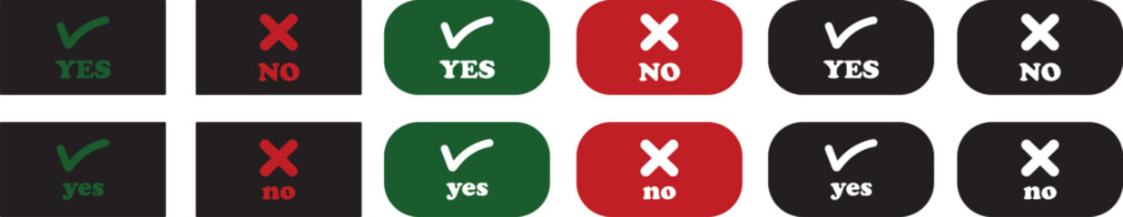 Obraz premium Sharp green checkmark and red cross icon set on isolated transparent background black vector symbol for right and wrong choices. Modern flat and line design symbol tick sign collection. Yes or No.