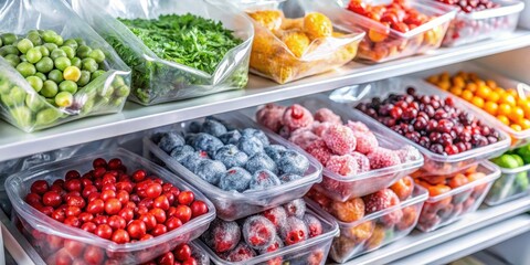 Close up of frozen berries and vegetables in bags in freezer ,  frozen berries, frozen vegetables, bags, freezer, close up