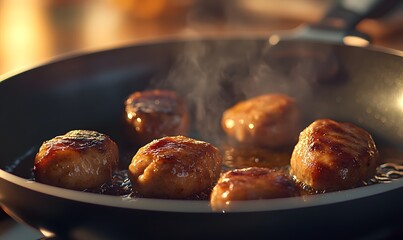 boneless ginger chicken bites sizzling in a pan with bubbling oil, Generative AI