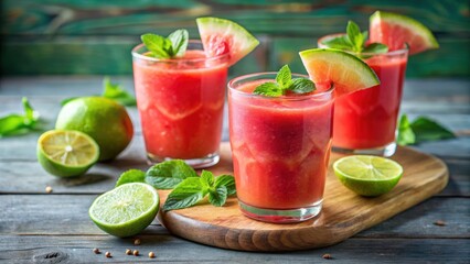 Refreshing cold watermelon smoothies with lime and mint, perfect for a hot summer day, watermelon, smoothie, lime, mint, refreshing