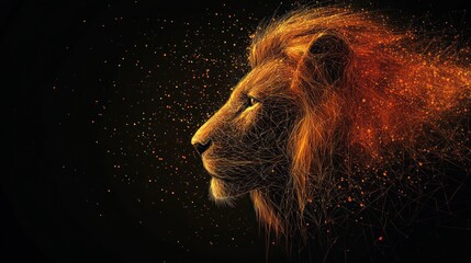 Fiery lion profile, glowing mane, dark background.