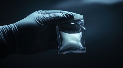A gloved hand holds a small transparent bag containing white powder in a dark setting