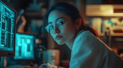 Focused female biotech researcher or scientist deeply immersed in analyzing complex data and information on computer screen in modern high tech laboratory or office workplace setting