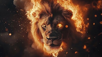 Naklejka premium A lion with glowing fire flames and smoke on burning background. Brave- Proud concepts